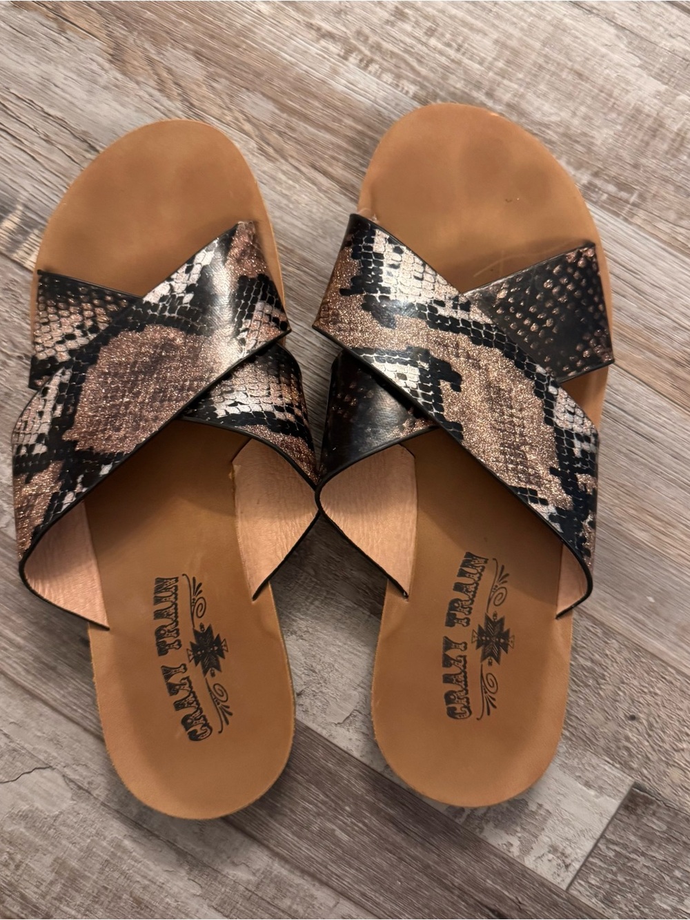 Crazy Train Snake Print Glitter Cross Strap Slide Sandals Women's Size 8